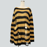 Damen nan Oversized Grobstrickpullover mit breiten Blockstreifen und aufgerissenem Design Drune – Lang Schwarz-Gold