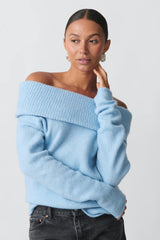 Damen nan Off-Shoulder Grobstrickpullover mit breitem Umschlagkragen und lässiger Oversize-Passform Drune – Blau