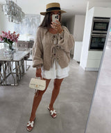 Einfarbiger Rundhals-Lace-Up-Cardigan – Khaki