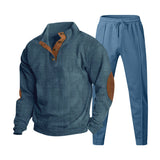 Herren nan strukturiertes Strick-Loungewear-Set mit halber Knopfleiste, kontrastreichen Ellbogenpatches und elastischem Tunnelzug-Jogger Drune – Jeansblau