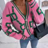 V-Ausschnitt Lässiger Farbkontrast Strickcardigan – Rosa