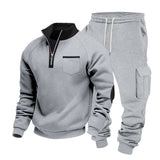 Herren nan Sweatset mit halbem Reißverschluss, Brusttasche und Cargo-Jogger Drune – Hellgrau