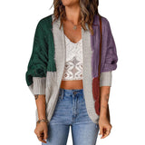 Damen nan lässige Strickjacke im Patchwork-Stil mit offener Front und 3/4-Ärmeln Drune – Dunkelgrün