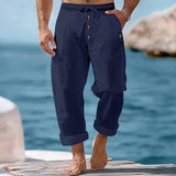 Herren nan lässige atmungsaktive Leinenhose mit Kordelzug Knopfleiste und aufgerollten Bündchen Drune – Navyblau