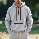 Herren nan technischer Freizeit-Hoodie mit kurzem mittigem Reißverschluss, Reißverschluss-Kängurutasche und Ärmeltasche Drune – Hellgrau