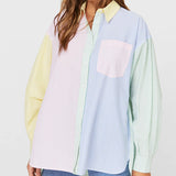 Damen nan oversized Hemdbluse mit Blockstreifen und Brusttasche Drune – Rosa-Blau Nr.2