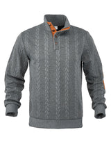 Herren nan Zopfmuster-Pullover mit Stehkragen, halber Knopfleiste und Ellbogenpatches Drune – Dunkelgrau