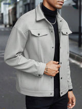 Herren nan Wolloptik-Overshirt Jacke im Shacket-Stil mit Brustklappen und Druckknopfleiste Drune – Hellgrau