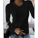 Damen nan figurbetonte Spitzenbluse mit floraler Allover-Spitze, Langarm und gezacktem Saum Drune – Schwarz