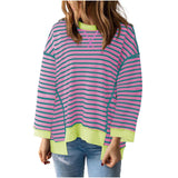 Damen nan oversized gestreifter Sweatshirtpullover mit kontrastsaum, überschnittener Schulter und seitlichen Schlitzen Drune – Violett gestreift