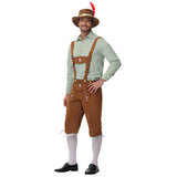 Herren nan traditionelle Trachtenlederhose mit Hosenträgern und Stickereien Drune – Hellgrünes Oberteil + khakifarbene Hose