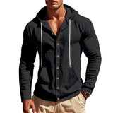 Herren nan figurbetonte Kapuzenhemd-Jacke aus Baumwollmix mit Druckknopfleiste und Kängurutasche Drune – Schwarz