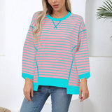 Damen nan oversized gestreifter Sweatshirtpullover mit kontrastsaum, überschnittener Schulter und seitlichen Schlitzen Drune – Neonblau gestreift
