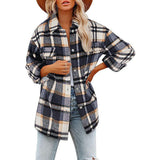 Damen nan karierte Overshirtjacke mit Brusttaschen und lockerer Passform Drune – Graublau