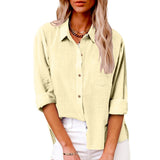 Damen nan oversized Leinen-Baumwollmix Hemdbluse mit Brusttasche und krempelbaren Ärmeln Drune – Beige
