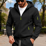 Herren nan Kapuzen-Sweatjacke mit durchgehendem Reißverschluss, mehreren Reißverschlusstaschen und Ärmel-Pocket Drune – Schwarz