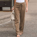 Damen nan weite Leinenhose mit Tunnelzugbund, geradem Bein und Eingrifftaschen Drune – Khaki