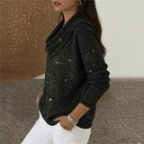 Damen nan fein gestrickter Pullover mit Wasserfallkragen und geripptem Saum Drune – Schwarz Glitzernd