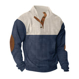 Herren nan gerippter Pullover mit Stehkragen, Knopfleiste und Ellbogen-Patches Drune – Apricot+Blau