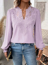 Damen nan Spitzenapplikation V-Ausschnitt Bluse mit Strukturpunkt, gerafften Manschetten und leicht taillierter Silhouette Drune – Helllila