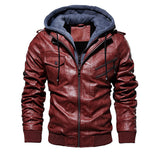 Herren Lederjacke mit Kapuze und Taschen – Rot