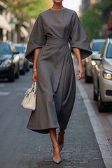Elena - Midikleid mit Gürtel und Kimonoärmeln – Grau