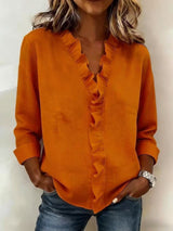 Brinae - Bluse mit weicher Haptik und langen Rüschenbesätzen am V-Ausschnitt – Orange