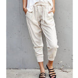 Damen nan lässige tapered Leinenhose mit elastischem Bund und Bündchen Drune – Weiß