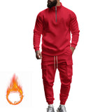Herren nan Strick-Trainingsset mit halbem Reißverschluss, Zopfmuster-Pulli und Kordelzug-Jogger Drune – Feuerrot