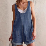 Leni | Damen Jeans-Overall Kurz Ärmellos Weiter Ausschnitt – Dunkelblau