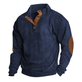 Herren nan rustikaler gerippter Pullover mit Henley-Kragen und lederartigen Ellbogenbesätzen Drune – Blau