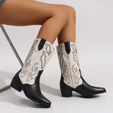 Damen nan Cowboystiefel im Westernstil mit mittelhohem Blockabsatz spitzer Zehenkappe und dekorativer Stickerei Drune – Schwarz