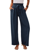 Damen nan Paperbag-Hose mit weitem Bein, hohem elastischem Bund und Bindegürtel Drune – Marineblau