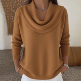 Damen nan fein gestrickter Pullover mit Wasserfallkragen und geripptem Saum Drune – Gewicht: S:319g–3XL:453g