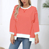 Damen nan oversized gestreifter Sweatshirtpullover mit kontrastsaum, überschnittener Schulter und seitlichen Schlitzen Drune – Ganzrot gestreift