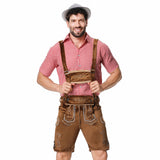 Herren nan traditionelle kurze Trachtenlederhose mit aufwendiger Stickerei und verstellbaren Trägern Drune – Rot kariertes Oberteil, braune Hose