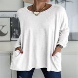 Damen nan oversized Longsleeve-Tunika mit Rundhalsausschnitt, überschnittener Schulter und aufgesetzten Taschen Drune – Weiß