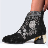 Damen nan bestickte Ankle-Boots mit Samteinsatz Perlenbesatz und skulptiertem Blockabsatz Drune – Schwarz