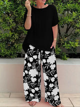 Damen Freizeit Zweiteiler mit Blumenmuster | Weite Hose – Schwarz