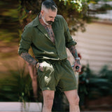 Herren luftiges Freizeit-Set mit Kurzarmhemd und lässigen Shorts Aliams – Olivgrün