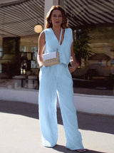 Mara | Elegantes Leinen-Set mit Weste & Weitbein-Hose – Blau