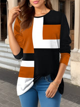 Damen nan geometrisches Colorblock Longsleeve-Tunika-Oberteil mit Rundhalsausschnitt und asymmetrischem Saum Drune – Orange