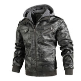Herren Camouflage Lederjacke mit Kapuze und Taschen – Dunkelgrau