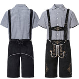 Herren nan traditionelle kurze Trachtenlederhose mit aufwendiger Stickerei und verstellbaren Trägern Drune – Schwarzes kariertes Oberteil, schwarze Hose