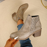 Damen nan knöchelhohe Stiefelette mit Laser-Cut-Perforation, seitlichem Reißverschluss und mittelhohem Blockabsatz Drune – Hellbraun