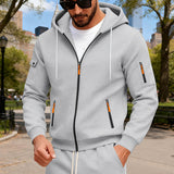 Herren nan Kapuzen-Sweatjacke mit durchgehendem Reißverschluss, mehreren Reißverschlusstaschen und Ärmel-Pocket Drune – Hellgrau