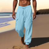 Herren nan luftige Leinen-Mix Strandhose mit Cargo-Taschen und elastischem Saum Drune – Hellblau