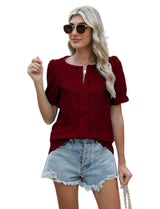 Jacquard-Oberteil mit Ballonärmeln für Damen – Stilvolle und bequeme lockere Passform – Burgundisch