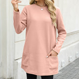 Damen nan legeres Fleece-Tunika-Kleid mit Rundhalsausschnitt und aufgesetzten Taschen Drune – Pink