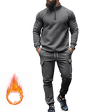 Herren nan Strick-Trainingsset mit halbem Reißverschluss, Zopfmuster-Pulli und Kordelzug-Jogger Drune – Dunkelgrau